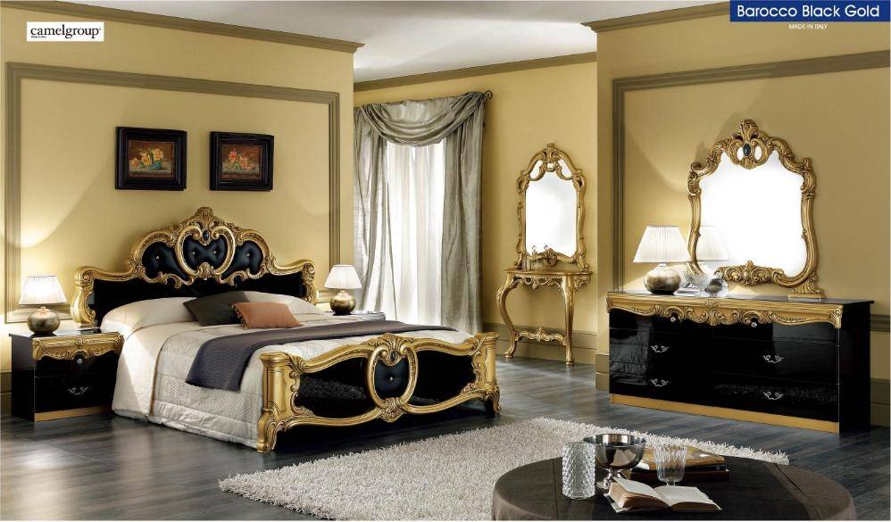 Buy ESF Barocco Black-Gold Queen Panel Bedroom Set 3 Pcs in Black, Gold