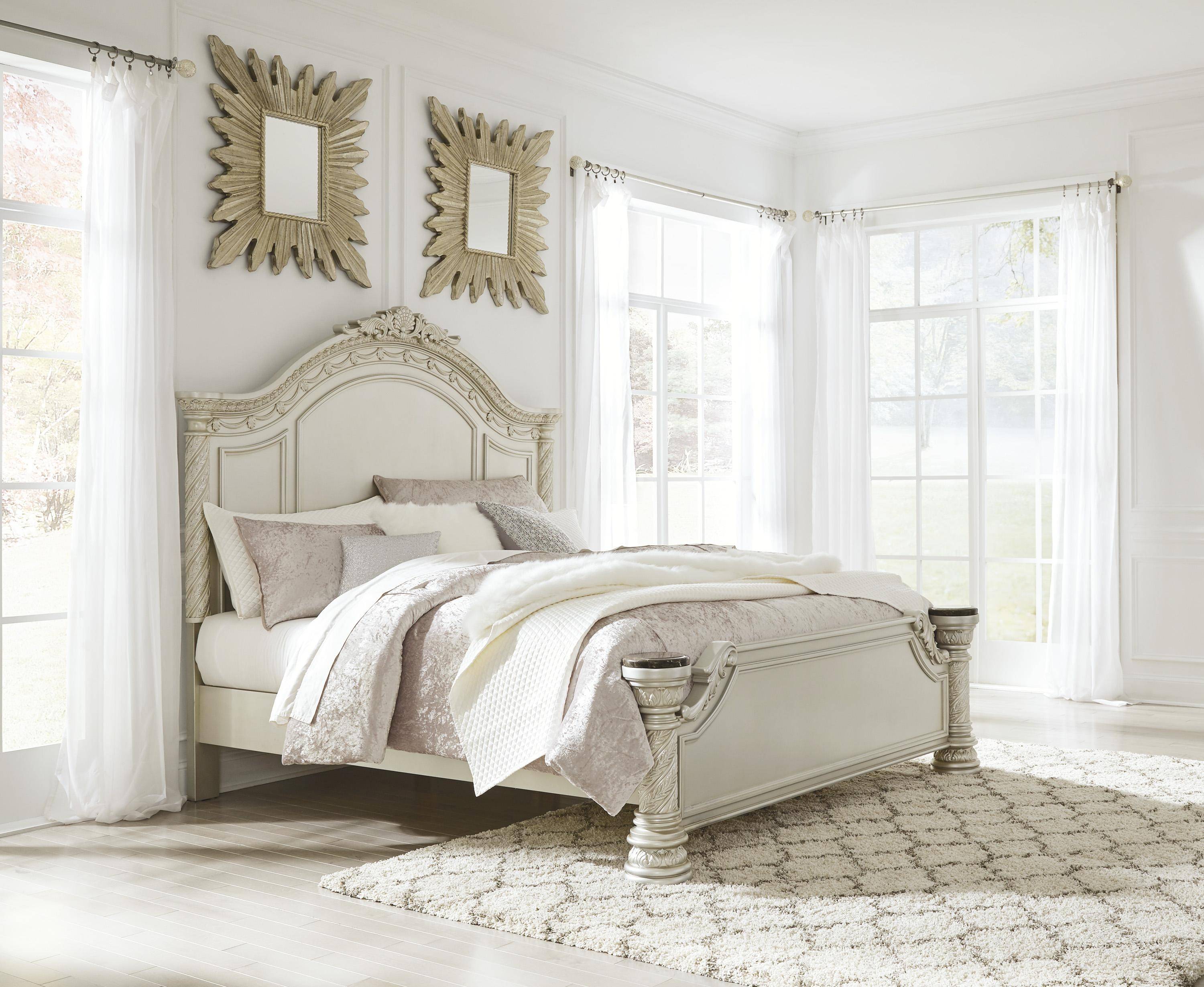 Ashley Cassimore Queen Panel Bedroom Set 6 Pcs In Pearl Silver Wood