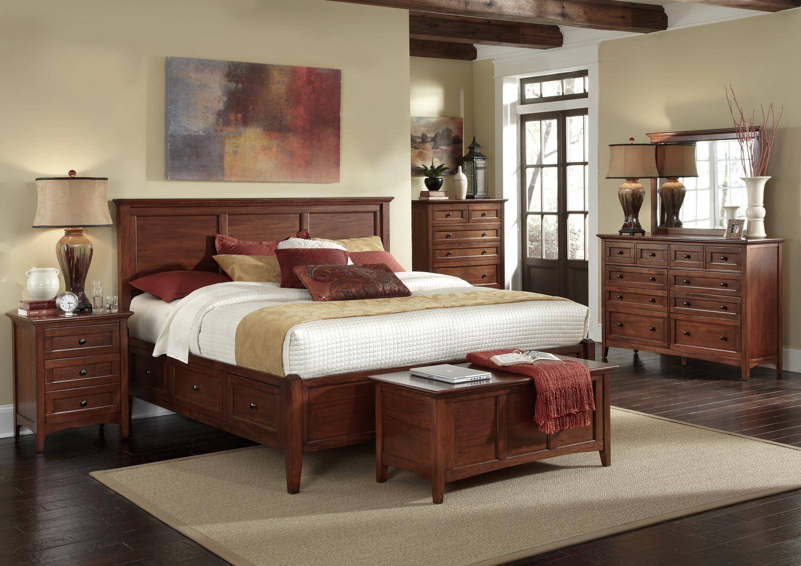 A America Westlake Queen Storage Bedroom Set 6 Pcs In Brown Cherry Wood