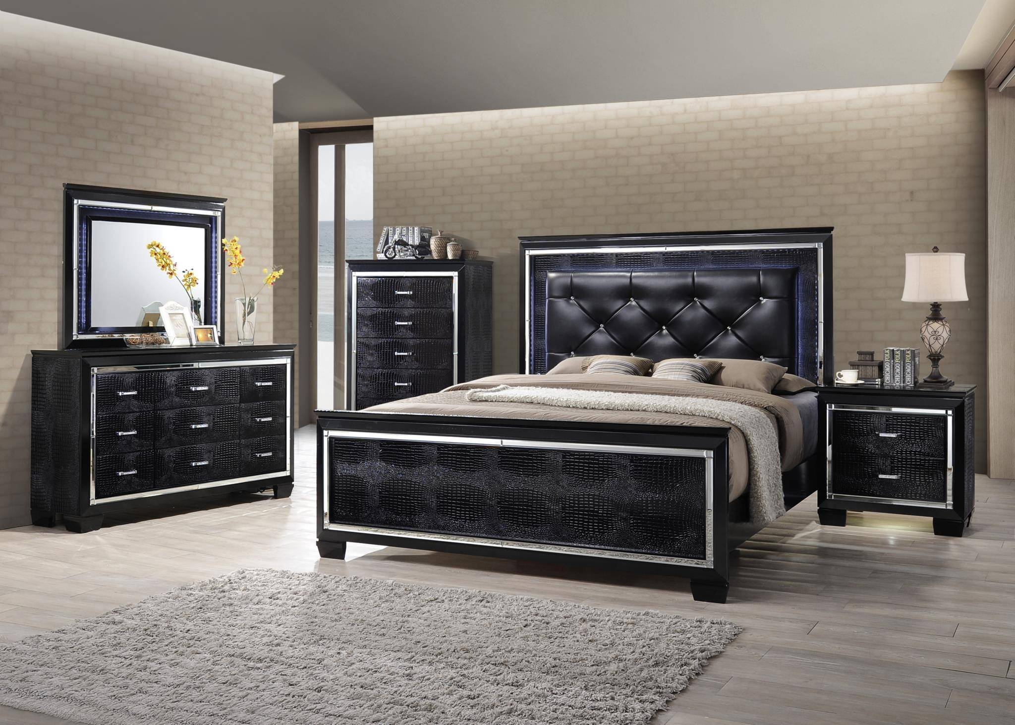 Buy Soflex Tinley Queen Panel Bedroom Set 6 Pcs in Black, Faux Leather  online