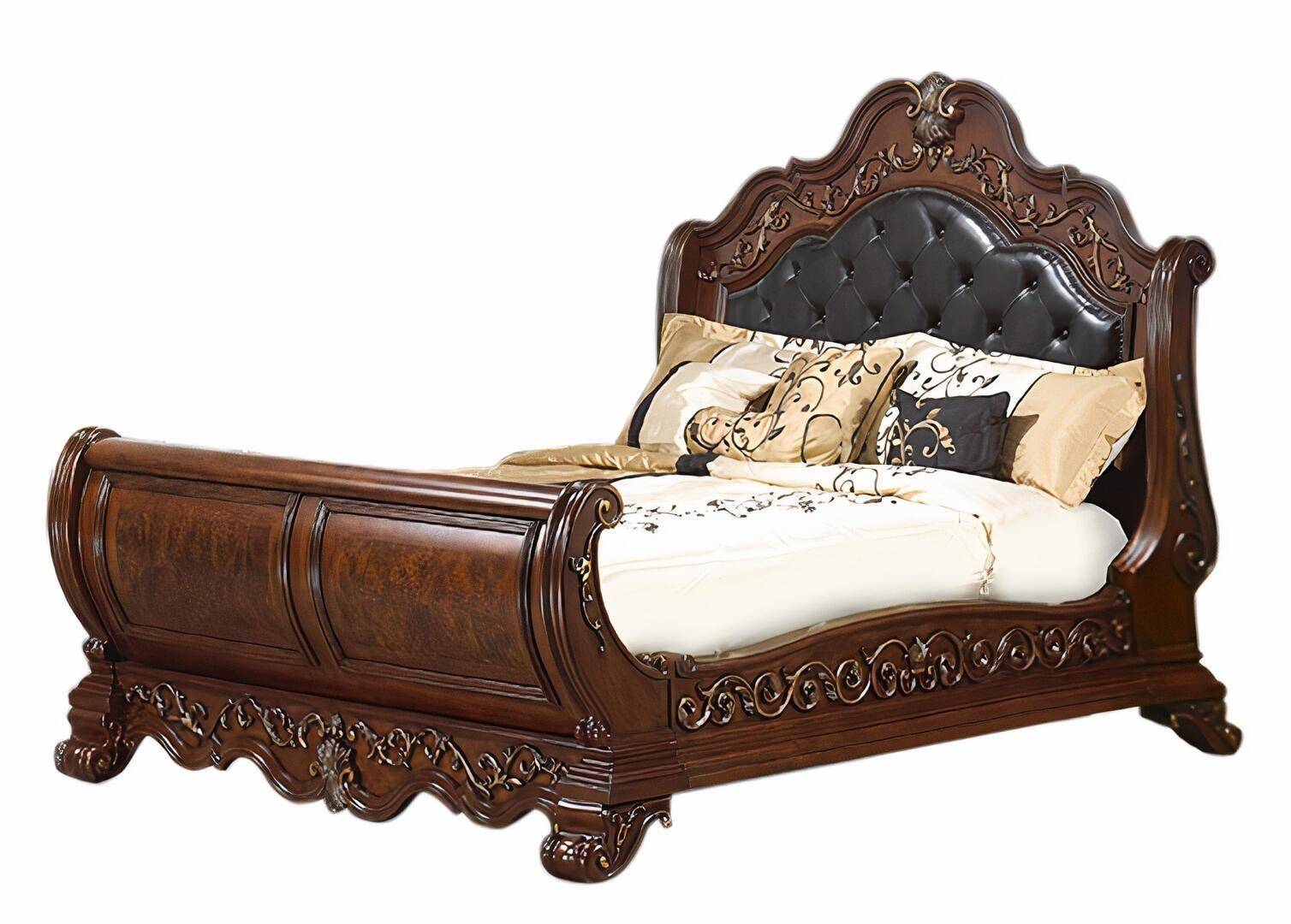 Buy Cosmos Furniture Cleopatra King Sleigh Bedroom Set 6 Pcs In Cherry Faux Leather Online