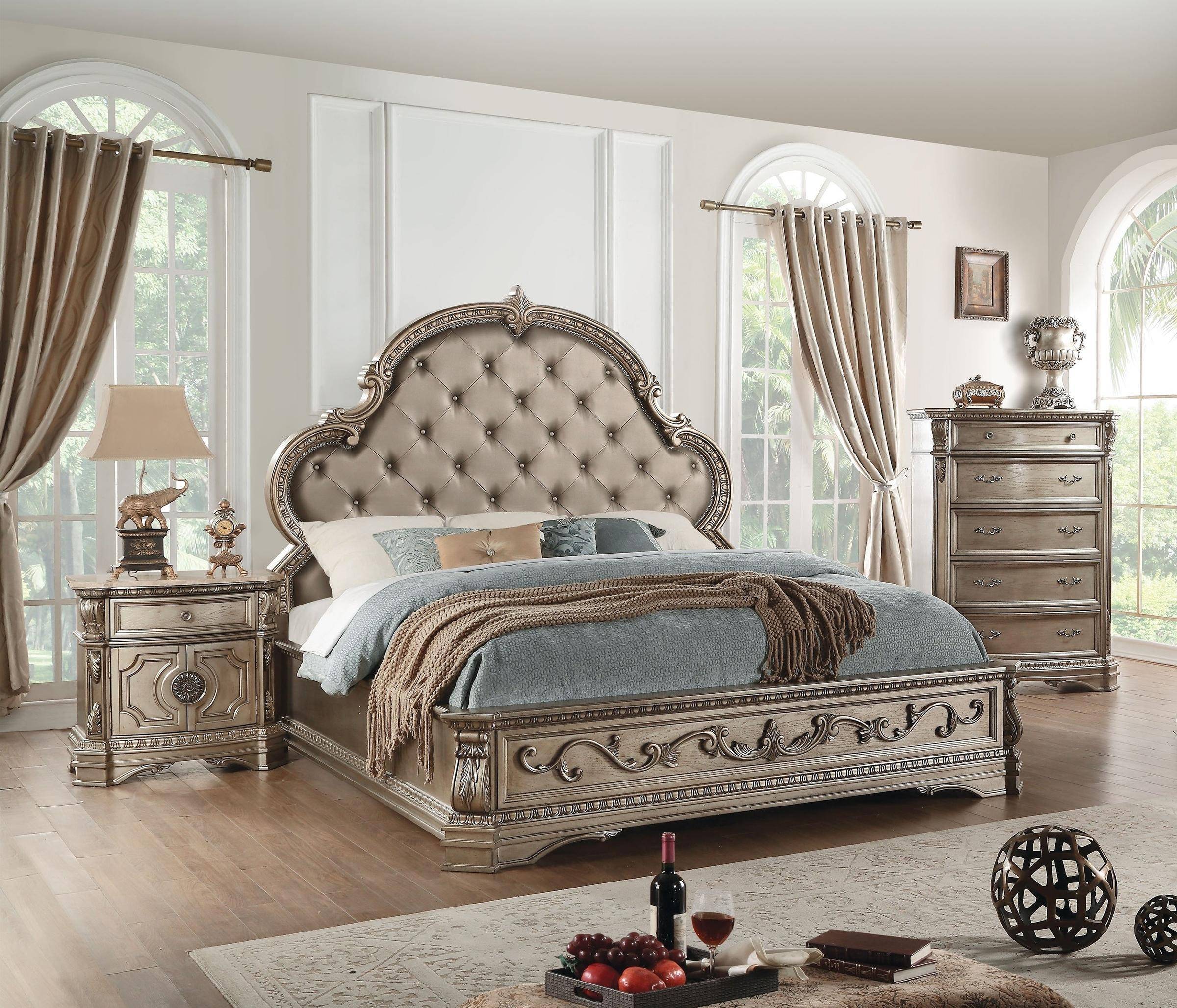 Bedroom astoria grand set sku pcs champagne polyurethane panel antique queen acme king northville