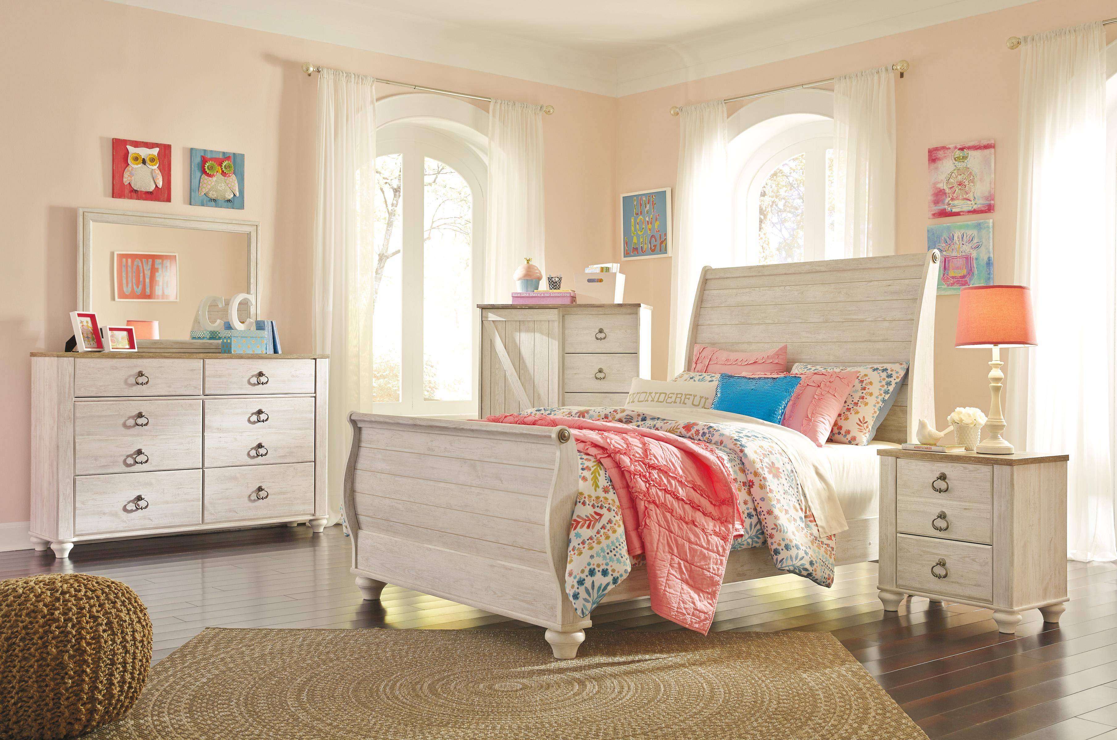 Ashley Willowton Full Sleigh Bedroom Set 5 Pcs In Whitewash Wood