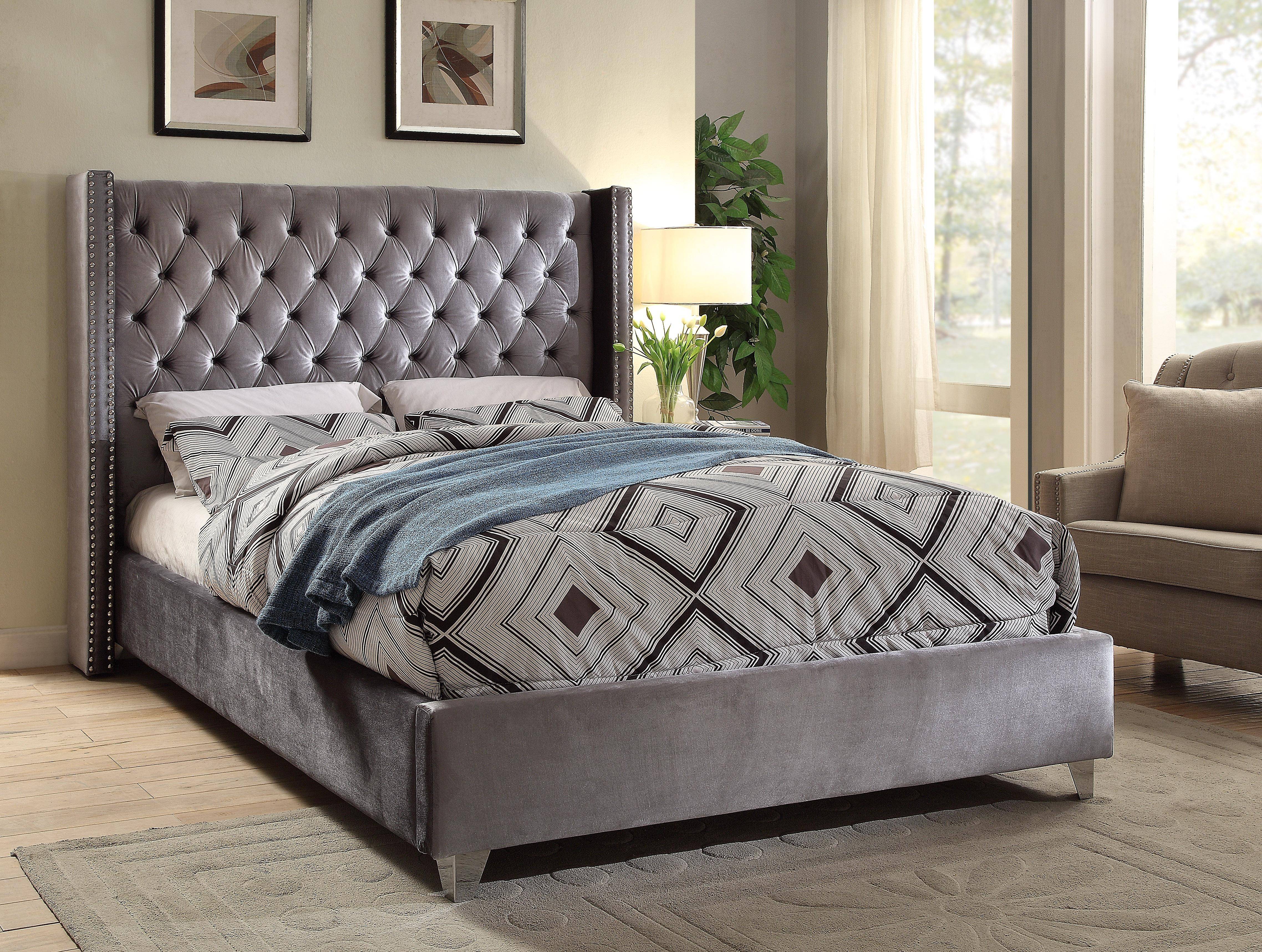 Buy Meridian Aiden Queen Platform Bed in Gray, Velvet online