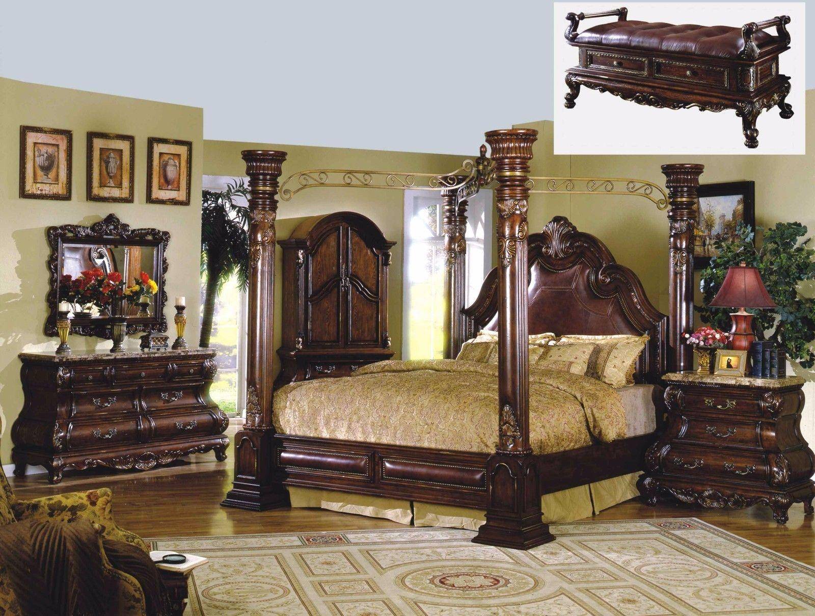 Buy Mcferran Monaco Queen Canopy Bedroom Set 5 Pcs In Cherry Leather Online 