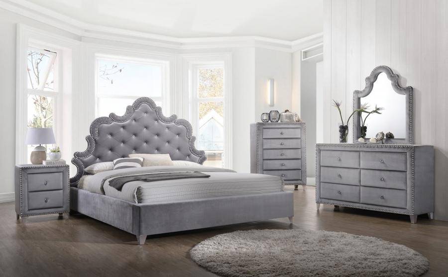 Buy Meridian Sophie Queen Panel Bedroom Set 5 Pcs In Gray Velvet Online