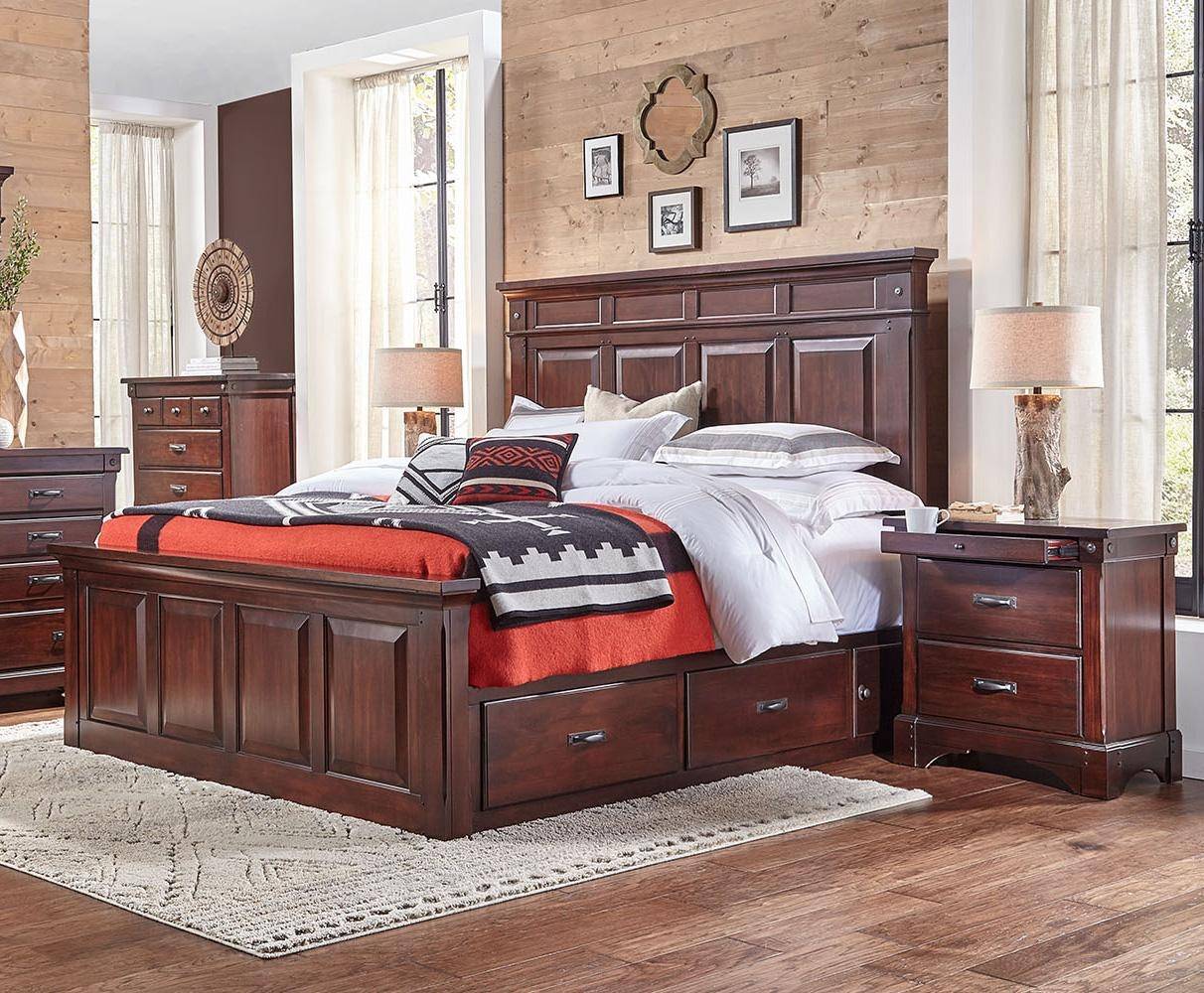 A America Kalispell Queen Storage Bedroom Set 5 Pcs In Brown Rustic Mahogany Wood