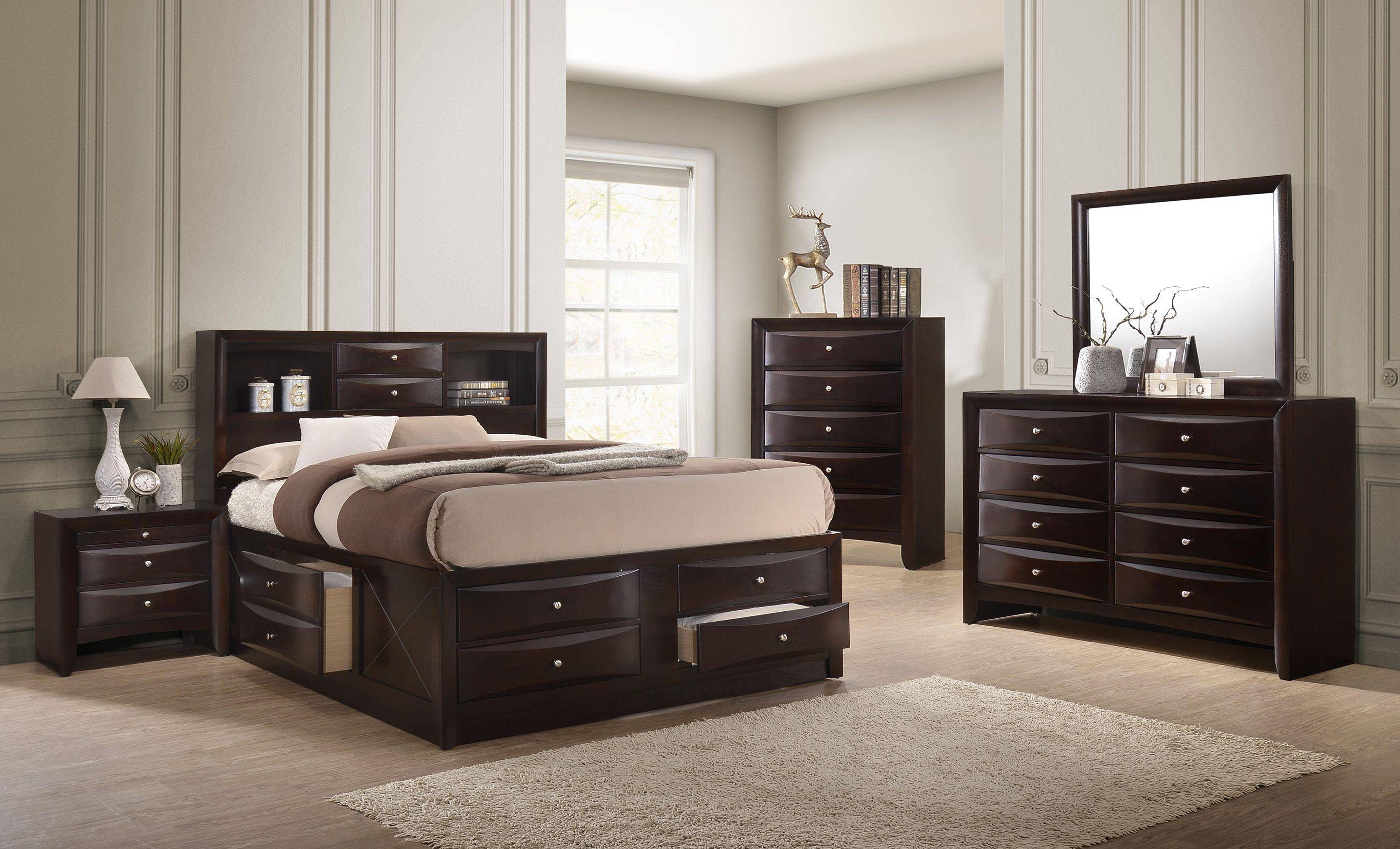 Crown Mark B4265 Emily Queen Storage Bedroom Set 5 Pcs In Dark Cherry Finish Faux Leather