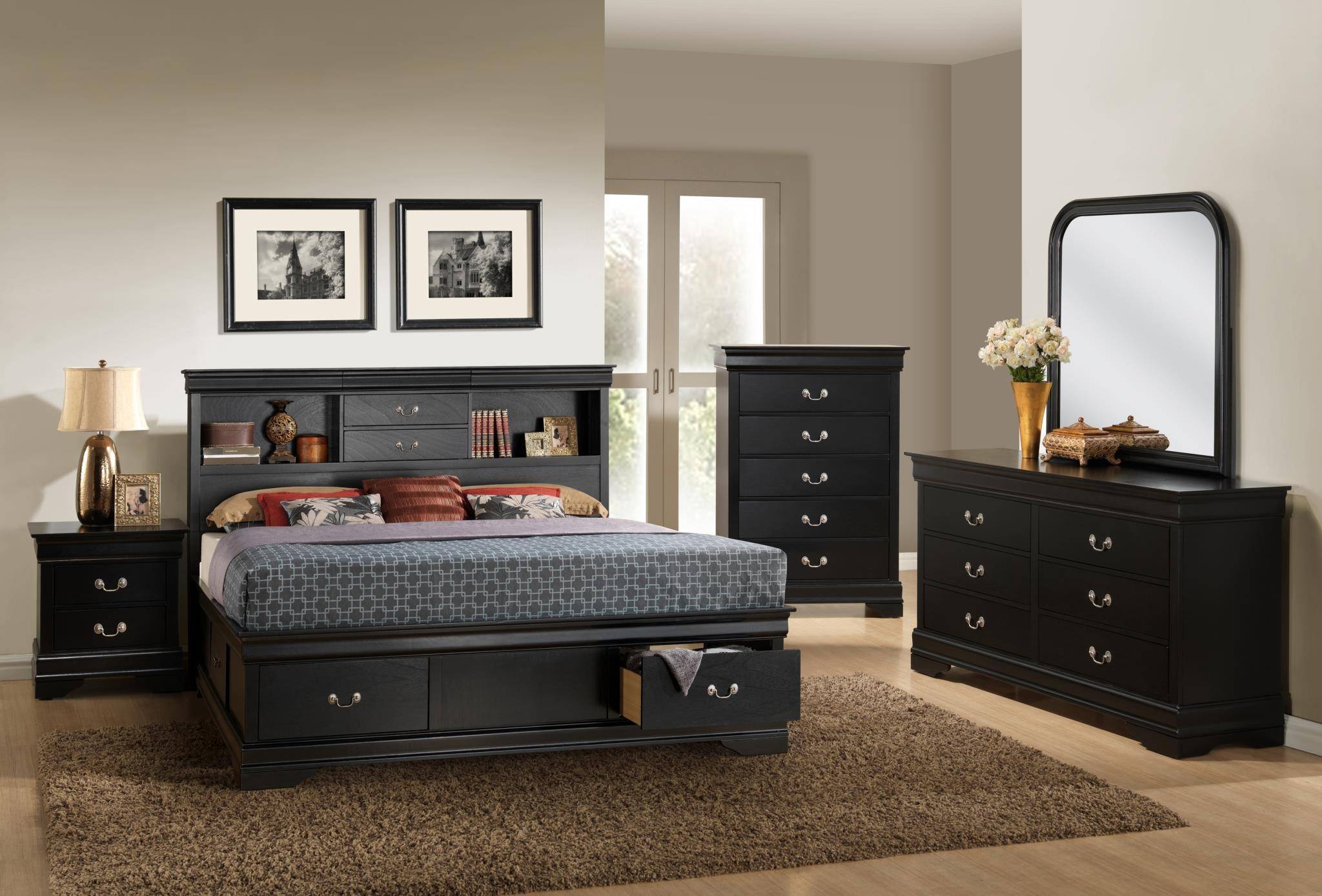 Contemporary Black Full 5pcs Bedroom Set by Acme Louis Philippe