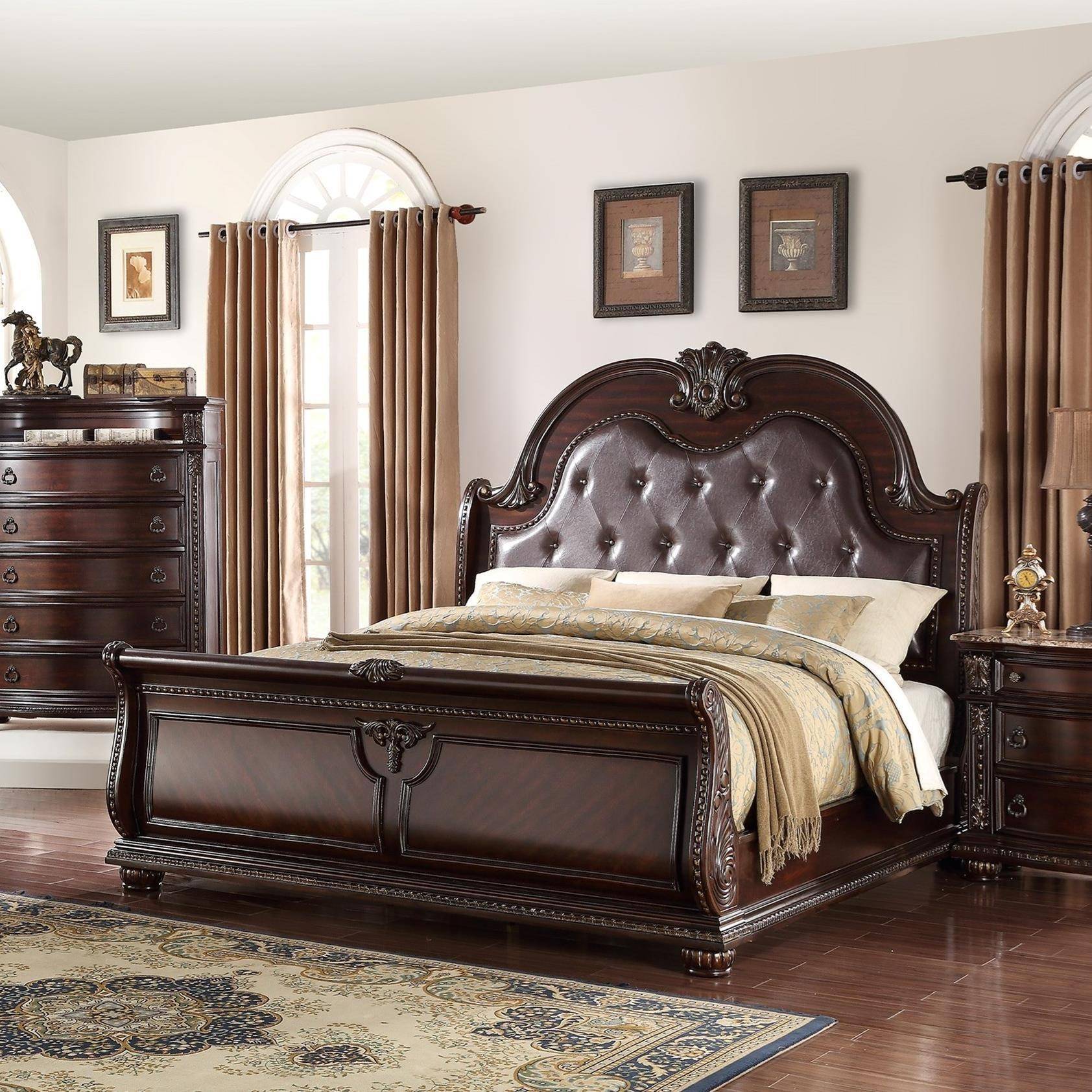 Buy Crown Mark B1600 Stanley Queen Panel Bedroom Set 3 Pcs In Brown Cherry Faux Leather Online