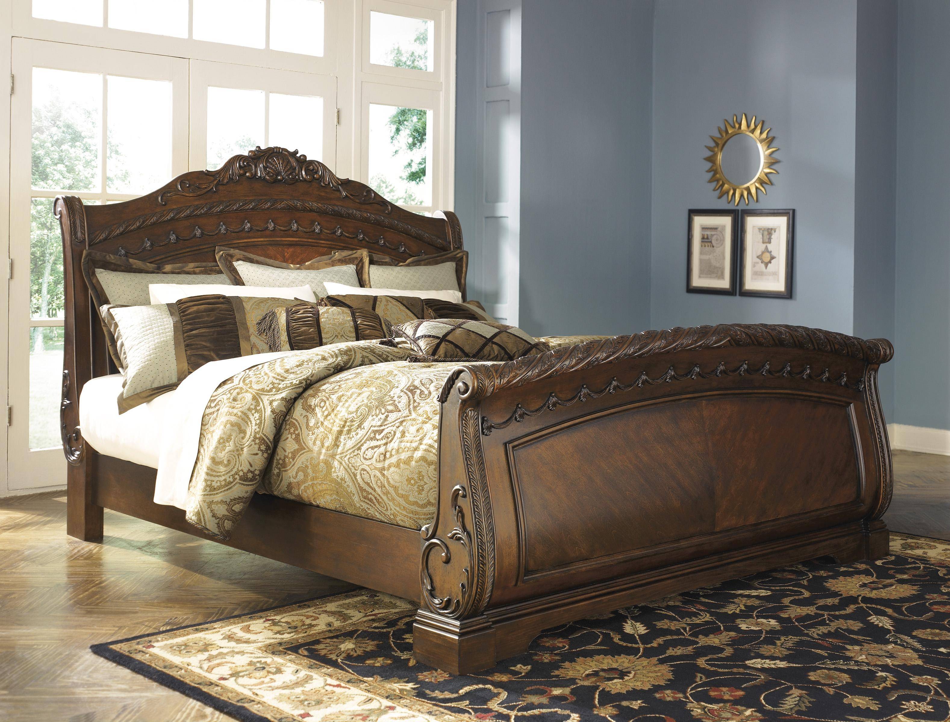 Ashley North Shore King Sleigh Bedroom Set 3 Pcs In Dark Brown Wood