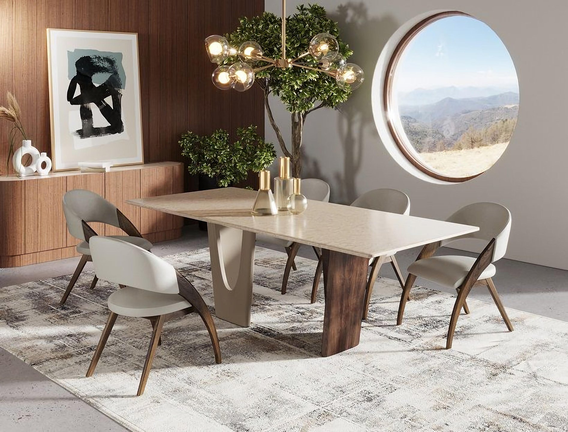 Modrest Stanley - Contemporary Cream Leatherette and Walnut Dining