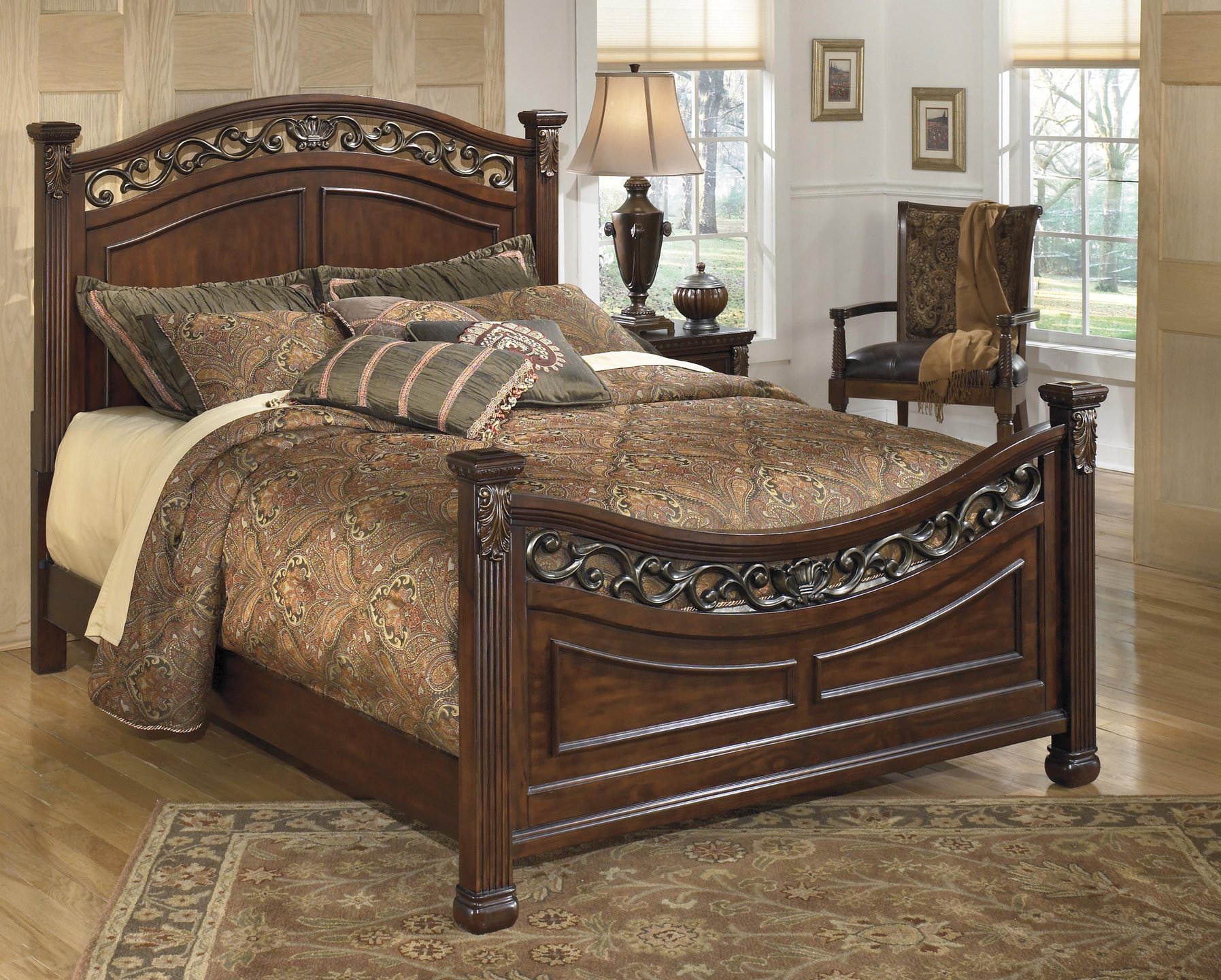 Buy Ashley Leahlyn King Poster Bedroom Set Pcs In Warm Brown Wood Birch Veneer Online